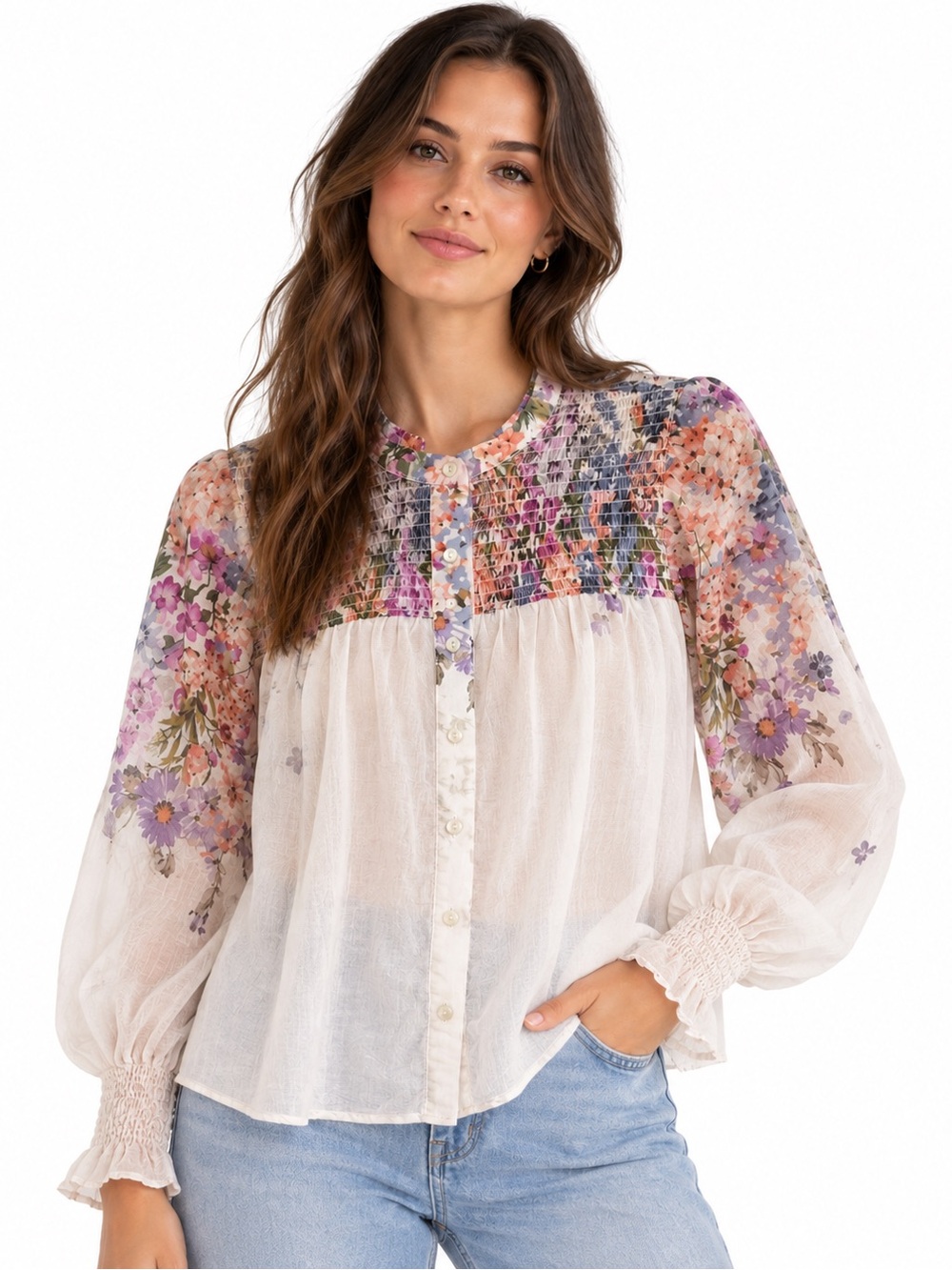 Bailey 44 Cream Floral Smocked Yoke Blouse with Pink & Purple Flowers